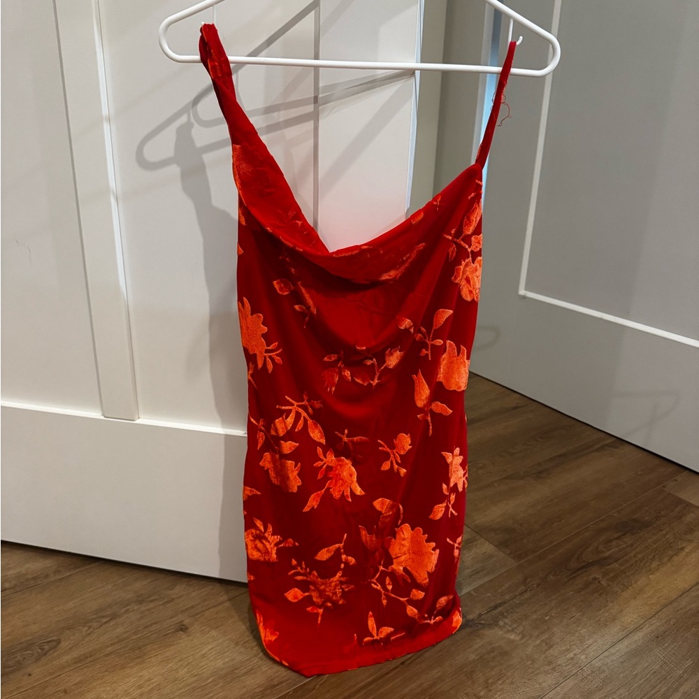 Hello Molly Red Slip Mini Dress with Orange Floral Burnout